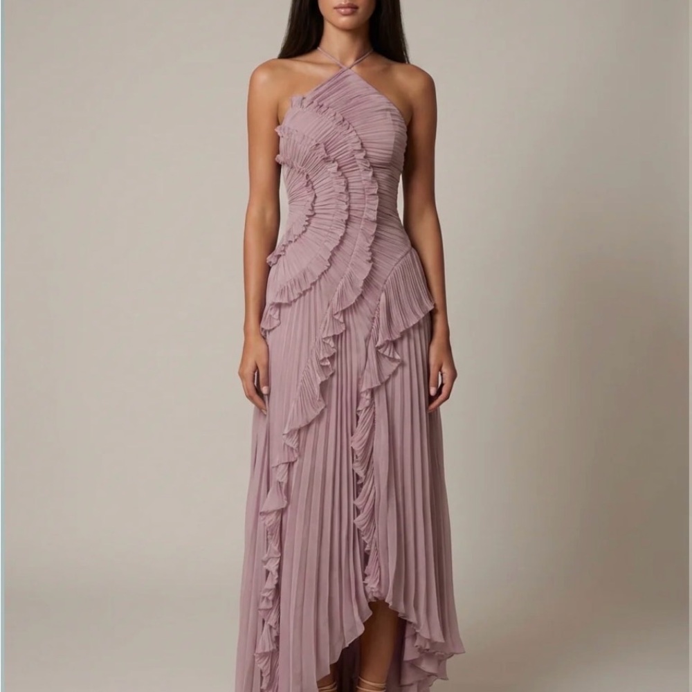 Mauve One-Shoulder Pleated Ruffle Evening Dress